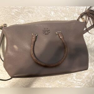 Tory Burch Taylor Pebbled Brown Braided Handle Satchel Bag